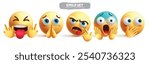 Emojis characters emoticon vector set. Emoji 3d character like cool, pleading, begging, teasing, shocked, afraid and shy graphic elements in white background. Vector illustration yellow emoticons