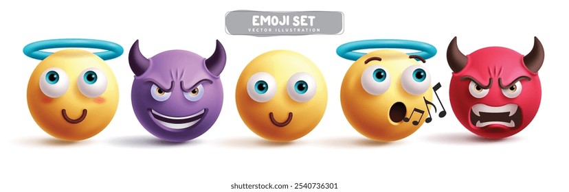 Emojis characters emoticon vector set. Emoji 3d character in angel, devil, kind, bad, evil and singing facial expressions in white background. Vector illustration angel yellow emoticons collection.
