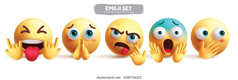 Emojis characters emoticon vector set. Emoji 3d character like cool, pleading, begging, teasing, shocked, afraid and shy graphic elements in white background. Vector illustration yellow emoticons