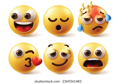 Emojis characters face vector set. Emoticons emoji yellow icon in happy, sleepy, sick fever, kissing and shock emotions and feelings in white background. Vector illustration emoticon cartoon 