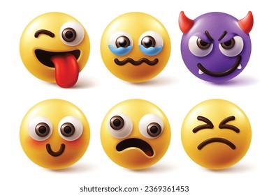 Emojis characters set vector. Emoji emoticon character in naughty, happy, crying, angry evil and blush face mood expressions in white background. Vector illustration yellow emoticons collection.