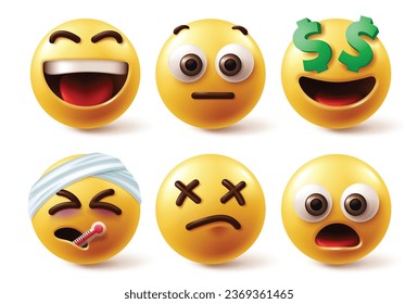 Emojis characters vector set. Emoji emoticons character in happy, funny, injured, shock and sick yellow icon elements. Vector illustration emojis design collection.