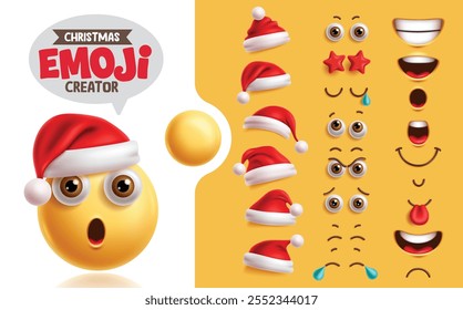 Emojis christmas creation kit clipart set. Christmas emoji santa claus character with surprise face, eyes, mouth and santa hat collection for facial expression mock up. Vector illustration creation 