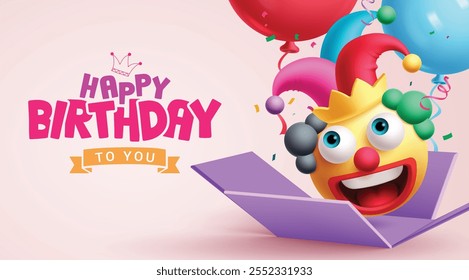 Emojis clown birthday clip art design. Happy birthday greeting with colorful emoji clown in gift box and balloons elements for wishes invitation card background. Vector illustration buffoon emoticon 