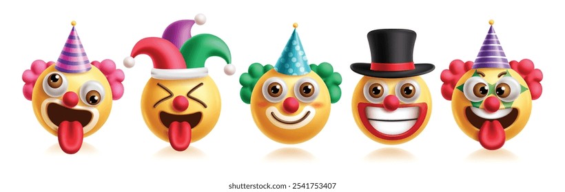 Conjunto de Vector de personajes de cumpleaños de payasos emojis. Personaje de payasos de emoticonos en expresión facial feliz, divertida, tonta, traviesa, sonriente y sorpresa con Elementos gráficos 3D de sombrero de fiesta colorido 