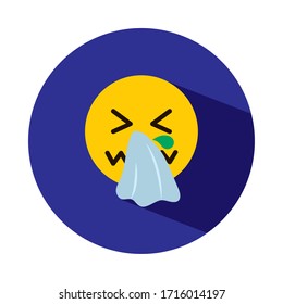 Emojis Coronavirus Concept, Emoji Face With Closed Eyes Sneezing Or Blowing Its Nose Into A White Tissue, Block Style, Vector Illustration