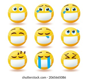 Emojis covid-19 protection vector set. Emoticon characters wearing face mask with happy, sad and sick faces for pandemic safety emoji collection campaign design. Vector illustration.
