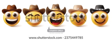 Emojis cowboy emoticon characters vector set. Emoji emoticon facial expression in happy, cool, smiling, funny, enjoy and naughty sheriff wearing hat character collection. Vector illustration emojis 