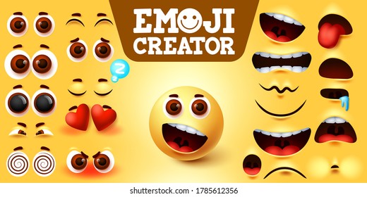 Emojis creator happy vector set. Emoji maker character kit with editable facial expressions, feelings and emotion for sign and symbol design element. Vector illustration  
