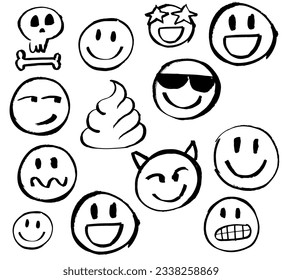 Emojis, different expressions,  faces. Afraid, confused, gleeful, happy, star-eyed, in love, crazy, tongue out. Blinking eyes. Hand drawing with marker pen. Brush, isolated on white background. svg