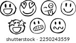 Emojis, different expressions. Vector faces. Afraid, confused, gleeful, happy, star-eyed, in love, crazy, tongue out. Blinking eyes. Hand drawing with marker pen. Brush, isolated on white background.