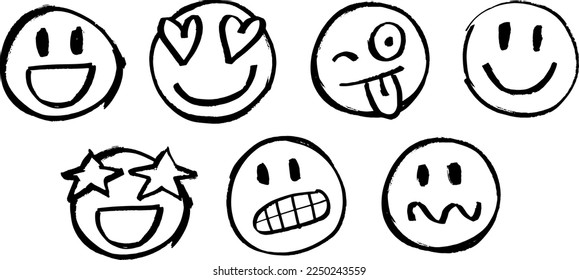 Emojis, different expressions. Vector faces. Afraid, confused, gleeful, happy, star-eyed, in love, crazy, tongue out. Blinking eyes. Hand drawing with marker pen. Brush, isolated on white background. svg