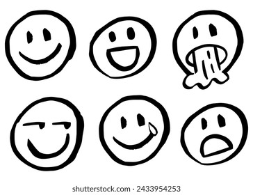 Emojis, different expressions. Vector faces. Afraid, confused, gleeful, happy, star-eyed, in love, crazy, tongue out. Blinking eyes. Hand drawing with marker pen. Brush, isolated on white background. svg
