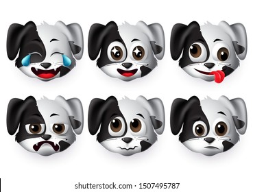 Emojis dog vector set. Puppy dogs animal emoticon head with sad and funny face for design element isolated in white background. Vector illustration 3d realistic.