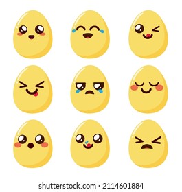 Diseño del conjunto de vectores de huevo emmojis. Personajes emojis kawaii con expresiones faciales alegres, lindas y tristes en forma de rostros ovales para emoticono de la temporada de caza de huevos de Pascua. Ilustración vectorial.
