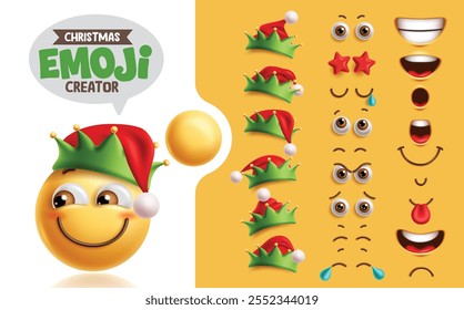 Emojis elf creation kit Clipart set. Navidades Emoji personaje de elfo con cara feliz sonriente, ojos, boca y sombrero colección para la expresión facial maqueta. Kit de creación de emoticonos de elfo de Ilustración vectorial 