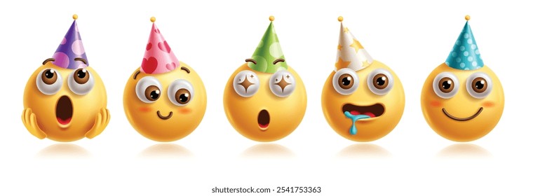 Emojis emoticon birthday characters vector set. Emoticons birthday character in shocked, thinking, surprise, hungry, smiling, happy and shy facial expression wearing colorful party hat 3d graphic