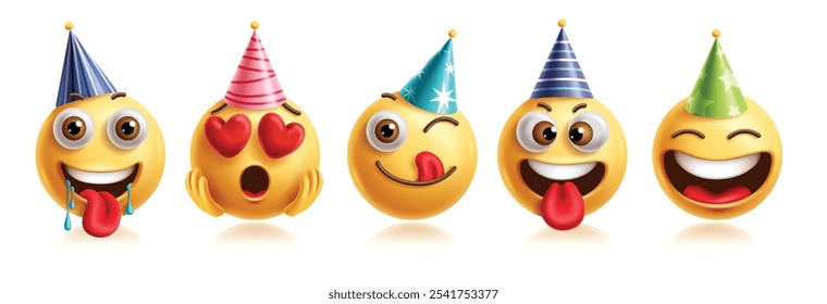 Emojis emoticon aniversário caracteres vetor conjunto. Personagem de aniversário Emoticons com fome, apaixonado, lamber, rindo, feliz, sorrindo e excitado expressão facial vestindo colorido chapéu de festa 3d gráfico 