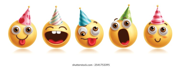 Conjunto de Vector de personajes de cumpleaños con emoticonos. Personaje de cumpleaños de emoticonos en Elementos gráficos 3D sonrientes, felices, impactados, emocionados, traviesos, tontos, divertidos y juguetones con sombrero de fiesta colorido 