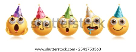 Emojis emoticon birthday characters vector set. Emoticons birthday character in shocked, thinking, surprise, hungry, smiling, happy and shy facial expression wearing colorful party hat 3d graphic