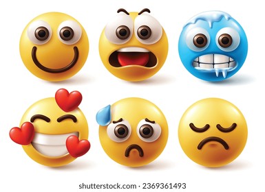 Emojis emoticon characters vector set. Emoji emoticons in happy, shock, freeze, in love, funny and sad facial expression in white background. Vector illustration 3d yellow icon collection.