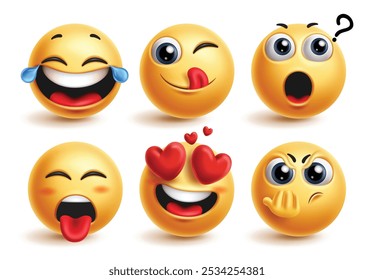 Emojis emoticon characters vector set. Emoji 3d yellow icon with laughing, silly, thinking, playful and in love facial expression in white background. Vector illustration emoticons cute characters 