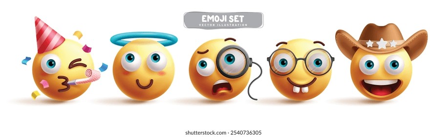 Conjunto de Vectores de personajes de emoticonos de emojis. Emoji personaje emoticono en feliz, cumpleaños, curioso, ángel, nerd, vaquero, lindo y tonto sentimiento expresiones en el fondo blanco. Ilustración vectorial amarilla 