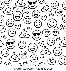 Emojis, Emoticon, Seamless Pattern, Fun Print With Hand Drawn Faces, Irregular Shapes. Joy, Anger, Sadness, Sleep, Fear, And Other Facial Expressions. Background Texture, Repeatable Backdrop. Vector