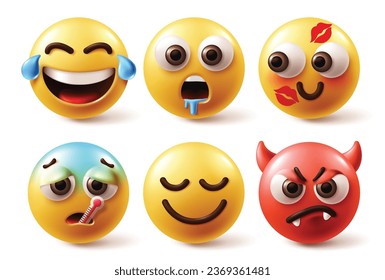 Emojis-Emoticon-Set-Vektor. Emoticons emoji Figuren in weinen, hungrig, langweilig, geküsst, krank und wütend Gesichtsausdruck auf weißem Hintergrund. Vektorgrafik, Gelb und Rot, runde Emotionen 