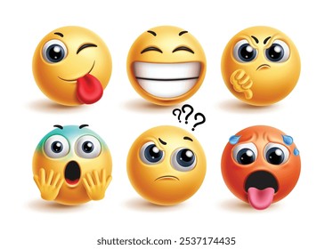 Emojis emoticon define vetor. Emoticons emojis personagens em feliz, engraçado, irritado, desapontado, chocado e pedindo expressão facial em fundo branco. Emoticon redondo amarelo e vermelho de ilustração vetorial