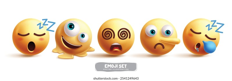 Emojis emoticon conjunto de vetores de caracteres sonolentos. Ícone amarelo emoticon coleção de caracteres como pinoccho, instável, tonto, triste e derretendo elementos gráficos de expressão facial. Emoticon de ilustração de vetor 