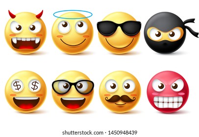 Emojis and emoticon vector character set. Smiling face yellow emoji like demon, angel, ninja, bearded face and wearing sunglasses isolated in white background. Vector illustration.
