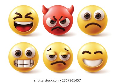 Emojis emoticono conjunto vector. Personajes emoticonos de color amarillo y rojo con un alegre, loco diablo, triste, enojado humor facial y emociones de fondo blanco. Colección de caracteres emoticonos de ilustración vectorial.