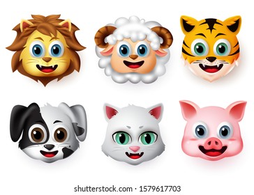 Emojis And Emoticons Animal Happy Face Vector Set. Animal Emoji Face Of Lion, Lamb, Tiger, Dog, Cat And Pig Character Creature In Smiling Expressions Isolated In White Background. Vector Illustration.