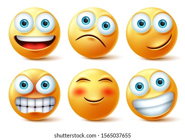 Emojis and emoticons face vector set. Emoji cute faces in happy, angry and funny facial expression isolated in white background. Vector illustration.