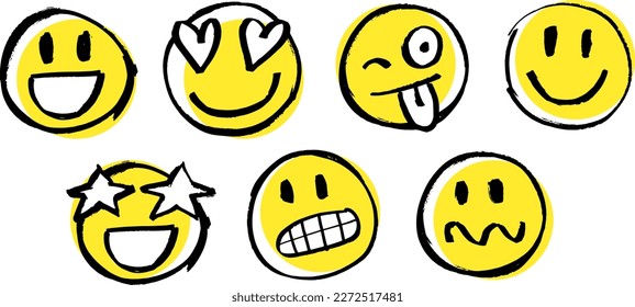 Emojis, emoticons, vector illustration. Isolated on white background. 3 colors. Characters with different reaction faces, joy, love, smile, fear, expressions drawn with marker pen. Free hand scribble