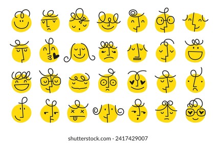 Emojis, emoticons, vector illustration. Yellow colored Emoticons Isolated on white background. Characters drawn with marker pen. Free hand scribble