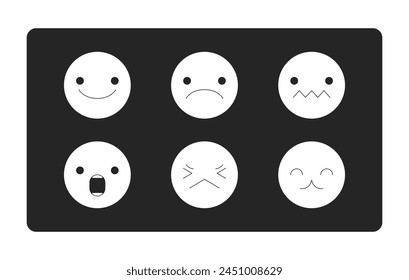 Emojis expresando diferentes sentimientos blanco y negro 2D línea de dibujos animados objeto. Emociones en Pequeños rostros aislados de Vector delinean la colección de los elementos. Ilustración monocromática de punto plano de la comunicación en línea