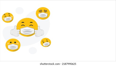 Emojis face mask vector emoticon set. Emoji faces with covid-19 face mask and facial expressions for corona virus design elements. Vector illustration. Emoticon emoji wearing face mask vector set.