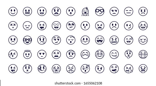 Emojis faces flat style icon set design, Cartoon expression cute emoticon character profile facial toy adorable and social media theme Vector illustration