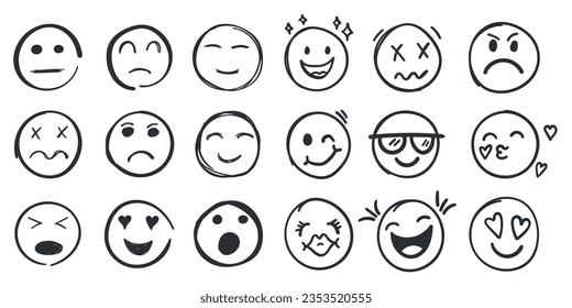 Emojis se enfrenta a un icono en un estilo dibujado a mano. Ilustración vectorial Doddle emoticons en fondo aislado. El concepto de negocio de la seña de cara feliz y triste.