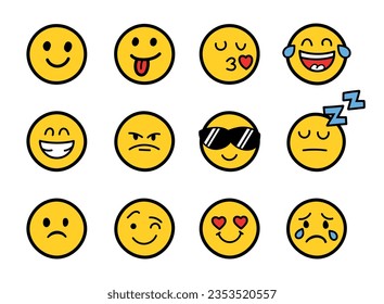 Emojis faces icon in hand drawn style. Doddle emoticons vector illustration on isolated background. Happy and sad face sign business concept.