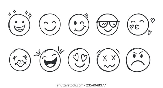 Emojis se enfrenta a un icono en un estilo dibujado a mano. Ilustración vectorial Doddle emoticons en fondo aislado. El concepto de negocio de la seña de cara feliz y triste.