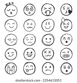 Emojis faces icon in hand drawn style. Doddle emoticons vector illustration on isolated background. Happy and sad face sign business concept.