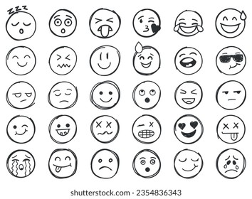 Emojis faces icon in hand drawn style. Doddle emoticons vector illustration on isolated background. Happy and sad face sign business concept.