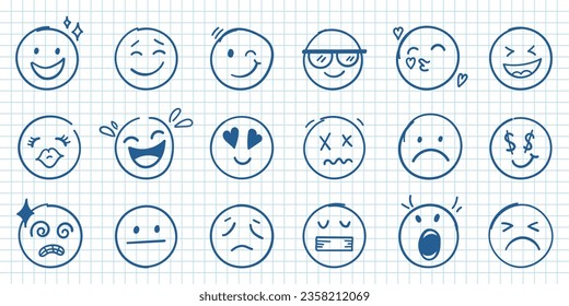 Emojis faces icon in hand drawn style. Doddle emoticons vector illustration on isolated background. Happy and sad face sign business concept.