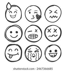 Emojis faces icon in hand drawn style. Doddle emoticons vector illustration on isolated background. Happy and sad face sign business concept.