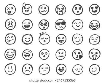 Icono de caras emojis en estilo dibujado a mano. Emoticones de Doddle Ilustración vectorial en fondo aislado. Feliz y triste cara signo concepto de negocio.