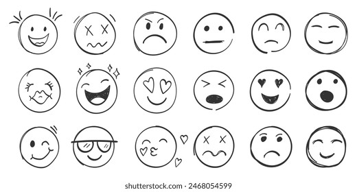 Icono de caras emojis en estilo dibujado a mano. Emoticones de Doddle Ilustración vectorial en fondo aislado. Feliz y triste cara signo concepto de negocio.