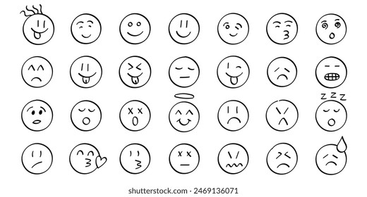 Emojis faces icon in hand drawn style. Doddle emoticons vector illustration on isolated background. Happy and sad face sign business concept.